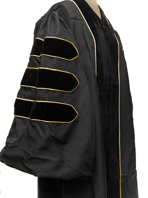 Dr Deluxe gown black trim gold piping